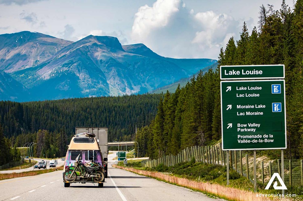 highway road sign near lake louise in canada