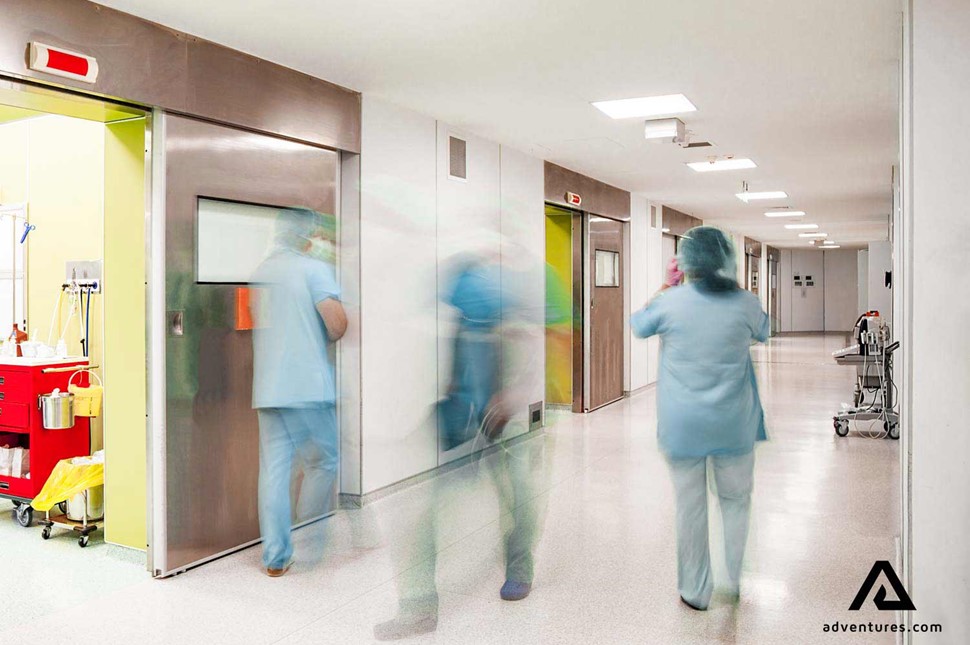 healthcare workers walking in a hospital