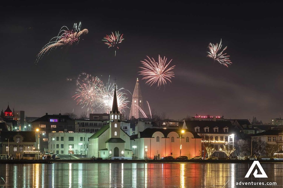 fireworks show in reykjavik in iceland