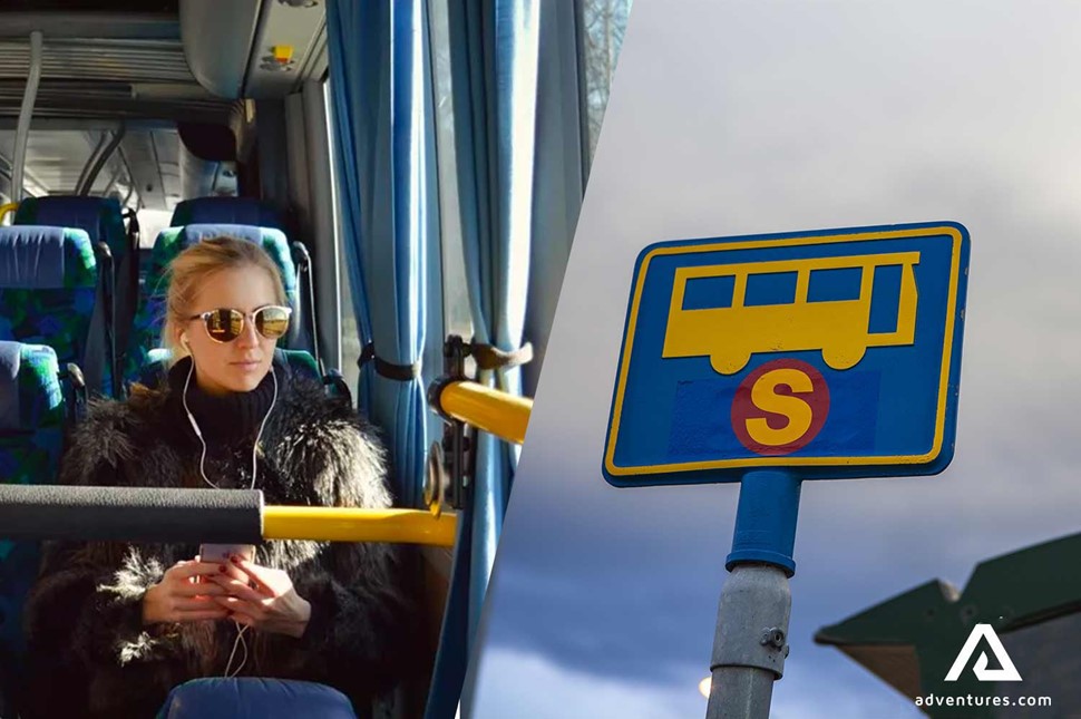 woman on a bus and straeto public transport sign in iceland