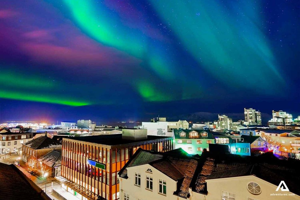 aurora borealis at night in reykjavik in winter