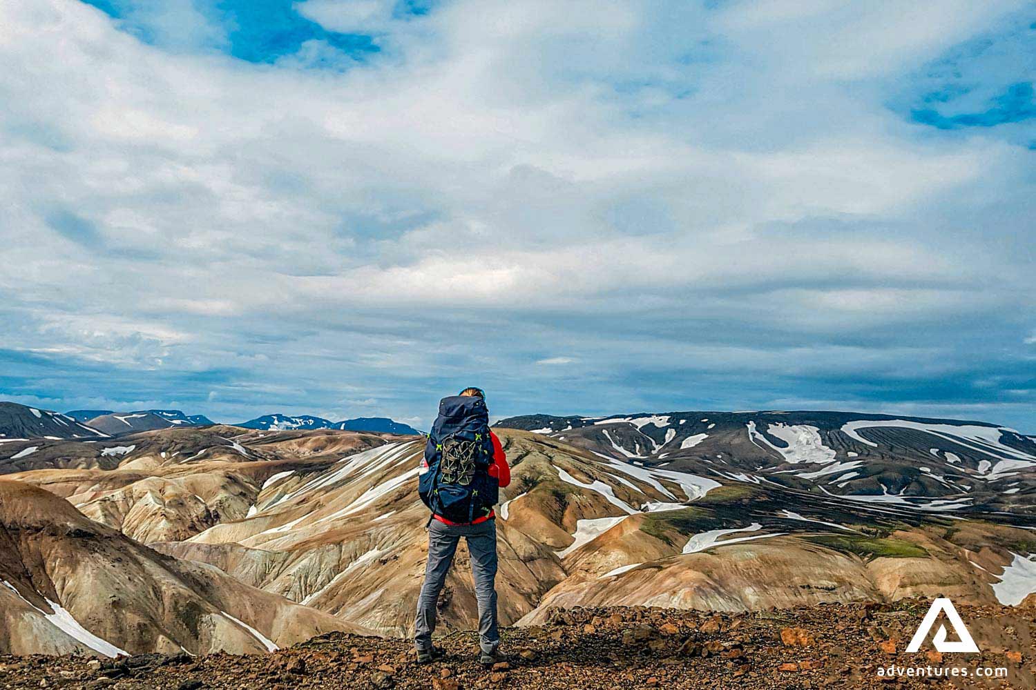 man trekking mountain range in landmannalaugar