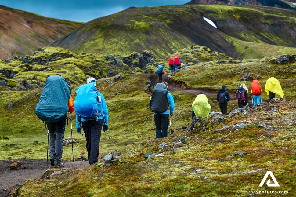 well dressed trekking group in iceland in summer