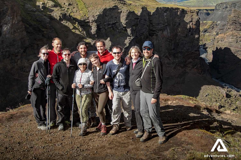 happy group of hikers in iceland